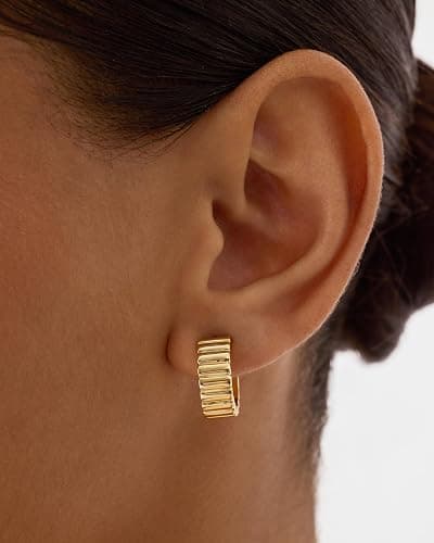 PAVOI 14K Gold Plated Ribbed Hoop Earrings for Women - Chunky Ridge Statement Earrings - Boho Puffy Croissant Huggie Hoops Trendy Gold Jewelry thumbnail 2