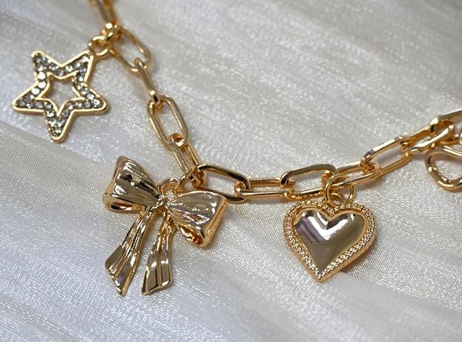 OTEEGX Gold Charm Necklaces for Women, 18K Gold Plated Bow Pendant Necklace Gold Heart Chain Aesthetic Star Jewelry thumbnail 3