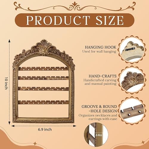 Fiwochic 1 Pcs 10 x 6.9'' Wall Hanging Earring Holder Organizers Vintage Arched Frame 4 Layer Wall Mounted Jewelry Holder Decorative Retro Baroque Stud Earring Display (Gold) thumbnail 3
