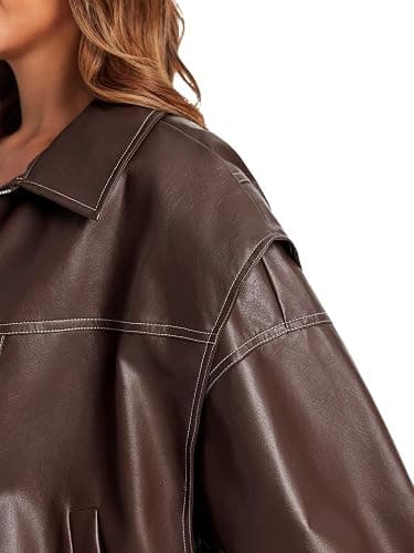 Tankaneo Womens Oversized Leather Bomber Jackets Cap Sleeve Zip Up Motorcycle Coats with Pockets thumbnail 4