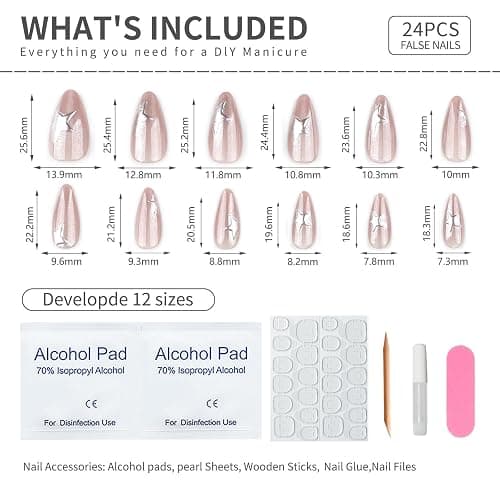 Mivota Medium Press on Nails Almond Cat Eye Nude Fake Nails Glossy Glue On Nails with 3D Silver Star Nail Art Designs, Decorative Thick Reusable Glossy Full Cover Stick on Nails for Women 24Pcs thumbnail 6