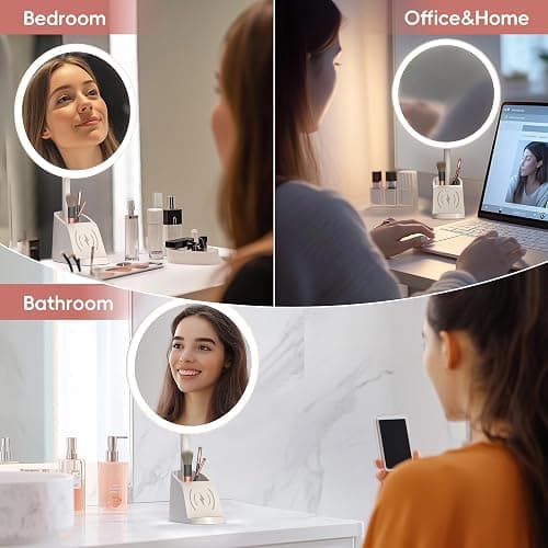 Yls Rechargeable Lighted Makeup Mirror with 1x/10x Detachable Magnification, Vanity Mirror with 3 Color Adjustable Lighting,Qi-Enabled Charging,and 360 °Rotating Design thumbnail 8