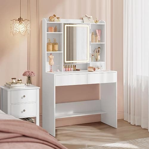 VASAGLE Kailyn Collection - Vanity Desk with Power Outlets, Makeup Vanity with Mirror and Lights, LED Lights, 6 Compartments, 2 Drawers, for Bedroom, Cloud White URDT031WB02S - Image 1