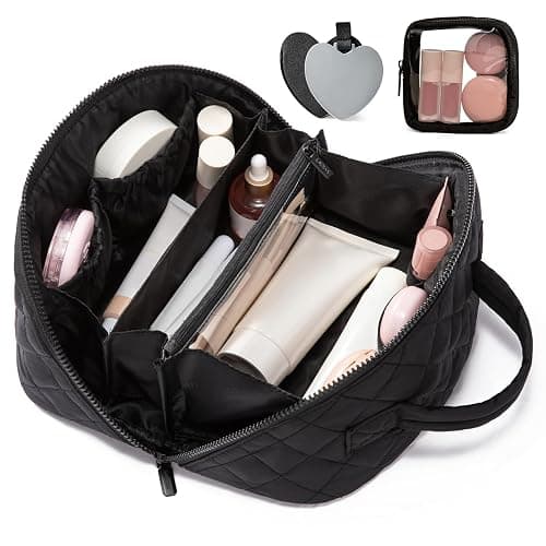 LOVEVOOK Travel Makeup Bag for Women, 2Pcs Puffer Waterproof Cosmetic Organizer, Large Capacity Pouch Open Flat Small Toiletry Bag with Brush Compartment & Handle, Portable Gift for Her - Image 1
