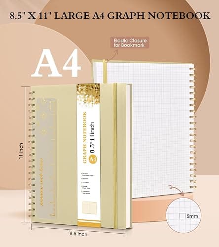 Graph Paper Notebook, Spiral Notebook Journal 8.5” x 11”, A4 Large Grid Notebooks for Women Men, 100 GSM Graph Paper, Plastic Hardcover Spiral Graphing Journals for Work School Engineerin, Yellow thumbnail 2