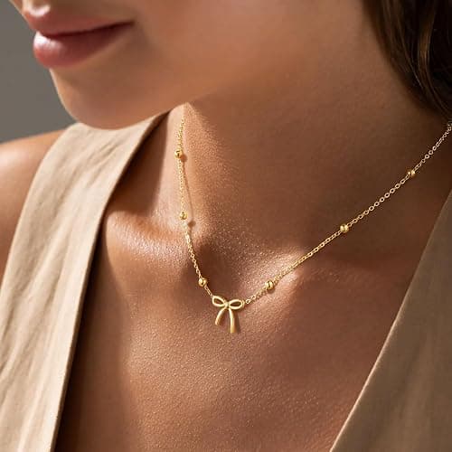 Yoosteel Valentines Gifts for Kids Teen Girls Her - Valentines Day Necklace 14K-Gold-Plated Dainty Bow Necklaces Cute Choker Small Tiny Bow Pendant Necklace Trendy Jewelry Gift for Teenage Girl Women thumbnail 2