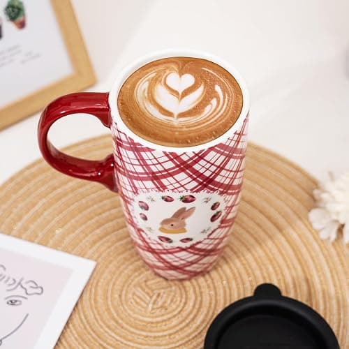 Topadorn Coffee Mug with Gift Box – 17 Oz Ceramic Travel Mug, Cute Bunny Cup with Spill-Proof Lid, Microwave & Dishwasher Safe, Pink Grid Rabbit Design thumbnail 2