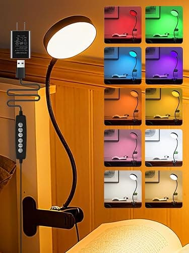 Clip on Light,10 RGB Colors+10 Brightness Clip on Desk Lamp with Clamp, 500 Lumen Bright 72 LED Desk Light, USB Adapter Reading Lights for Books in Bed/Headboard/Bedside Table/Bedroom/Dorm/Home Office - Image 1