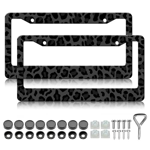 Black Leopard Print License Plate Frames - 2 Pack Animal Cheetah Print License Plate Holder Covers, Aluminum Metal Rust-Proof Waterproof Car Tag Frame with Screws Fasteners Caps - Image 1