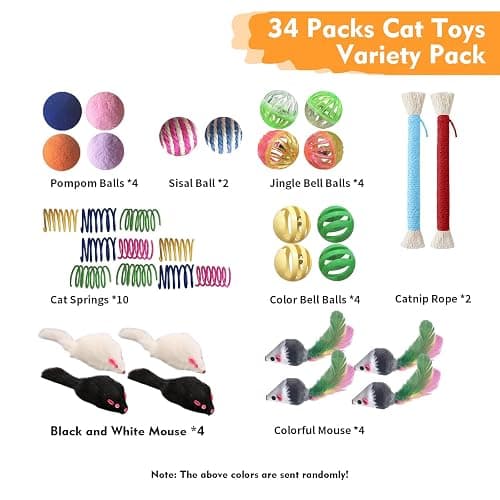 YULOYI Cat Toys for Indoor Cats - 34 Packs Interactive Set with Colorful Springs, Mouse Toy, Catnip Ropes, Balls, Bells, and Sisal Ball for Kittens thumbnail 2