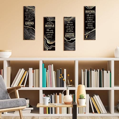 Honoson 4 Pcs Black and Gold Bathroom Decor Inspirational Quote Wooden Sign with Grind Hustle Execute Success Gold Art Signs Bathroom Hanging Accessories for Bedroom Living Room Kitchen(11.8 x 4 Inch) thumbnail 3