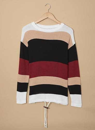Dokotoo Womens Sweaters Striped Fall Winter Outfits 2025 Crewneck Drawstring Color Block Fashion Clothing thumbnail 5