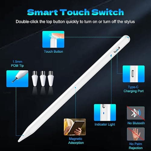 Universal Stylus Pen for Touchscreen for Android & iOS Phones/Tablet | Magnetic iPad Pencil for Writing/Drawing with 3 Durable POM Tip,Stylus Pen for iPad/Pro/iPhone/Samsung/Lenovo/Huawei,White thumbnail 6