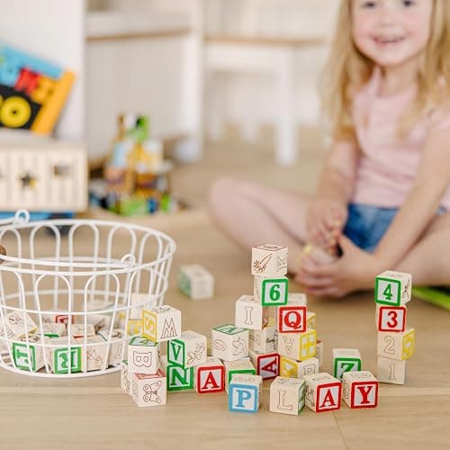Melissa & Doug Deluxe Wooden ABC/123, 50-Piece Set of Classic Letter & Number Wooden Blocks (1” x 1”) with Storage Pouch, Sorting & Stacking Toys for Kids Ages 2+ thumbnail 2