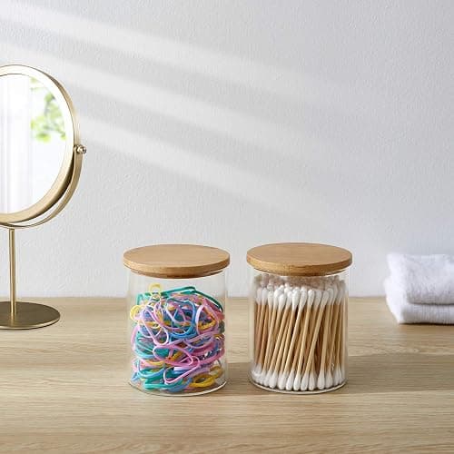 Glass Apothecary Jars, 2 Pack Qtip Holder Dispenser Glass Bathroom Vanity Jars Containers Organizer with Bamboo Lids for Cotton Balls Swabs Pads Rounds Q-tip Bath Salts thumbnail 4