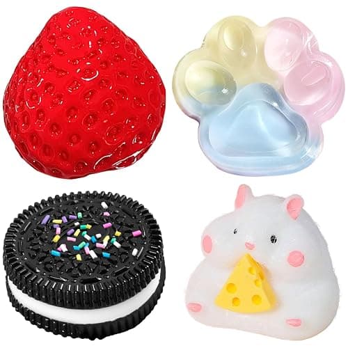 SSKHE 4Pcs Taba Squishy Set,Strawberry + Hamster + Cat Paw + Hamster, Fufu Squishy Squeeze Toy Squishes Kit for Stress Relief Sensory Play Fidget Gifts for Children or Adults - Image 1