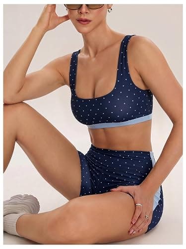 Milumia Women's Polka Dots Workout Set Layered Yoga Outfit with Shorts | Color Block,Two Piece,Bra Tank and Biker Shorts,Built In Bra,Activewear,Matching Set thumbnail 3