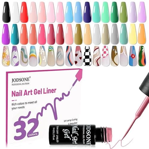 JODSONE Gel Polish Nail Art Gel Liner Set 32 Colors Orange Grey Pink Green Blue White Black Need U V Lamp Cured with Thin Brush Gift for Girls - Image 1