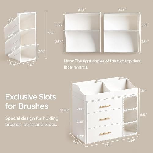 HBlife Makeup Organizer Countertop with Brush Holder,Large Bathroom Counter Organizer with Drawers,Skincare Organizers for Vanity,Plastic Dresser Organizer Storage Gift for Women Girl Mom,All White thumbnail 2
