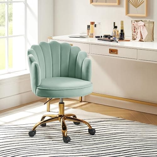 HULALA HOME Velvet Home Office Chair with Gold Base, Womans Modern Cute Shell Back Upholstered Desk Chair for Vanity, Adjustable Swivel Task Chair for Living Room, Sage thumbnail 7