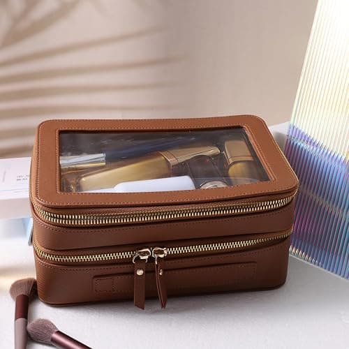 SANHECUN Clear Travel Toiletry bag Toiletry Case Carry on Travel Accessories Bag Makeup Bag Dimensions | LxWxH:9” x 6” x 4.2” (Brown, SHC-TL-2) thumbnail 4