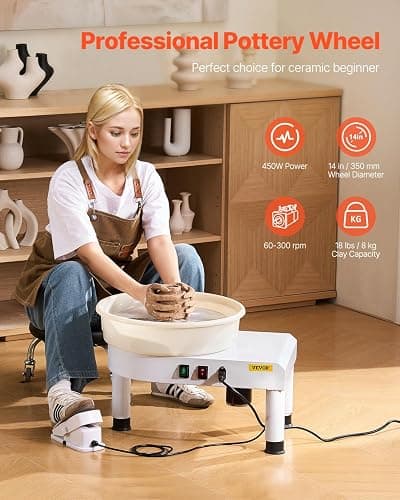 VEVOR 14in/35cm Pottery Wheel for Adults, 0-2in Lift-Table 450W Professional Pottery Kit with Foot Pedal Detachable Basin DIY Art Clay Potter's Wheel for Kids Adults Beginners at Home Pottery, White thumbnail 2
