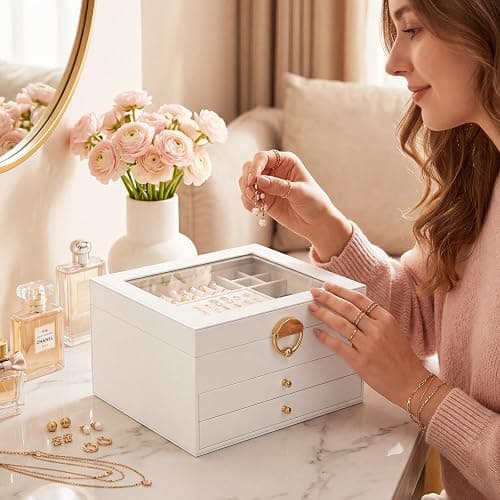 GeeBom Jewelry Box - 3 Layer Jewelry Organizers and Storage with Clear Lid & 2 Drawers,Jewelry Boxes for Women, Watch Necklace Ring Earring Storage Gift Case, Cloud White thumbnail 7