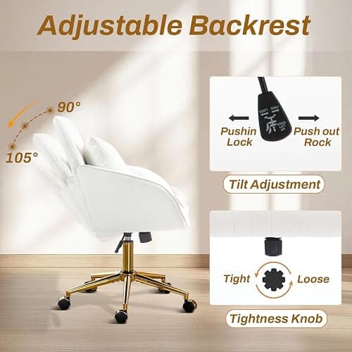 Home Office Desk Chair Comfy with Adjustable Swivel Wheels, Modern Velvet Makeup Vanity Chair with Back & Pillow, Ergonomic Office Chair Computer Task Chair for Living Room, Bedroom, White thumbnail 11