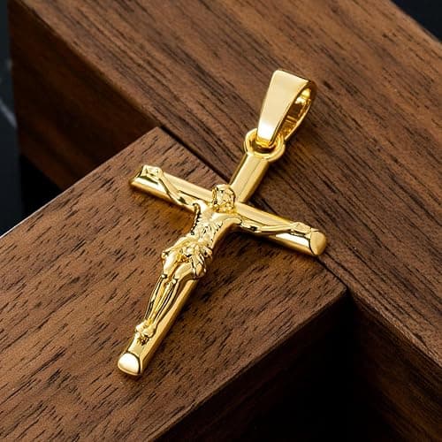 HELLOICE Crucifix Cross Necklace 18K Gold Plated Cross Pendant with 3mm 22" Rope Chain for Men Women thumbnail 5