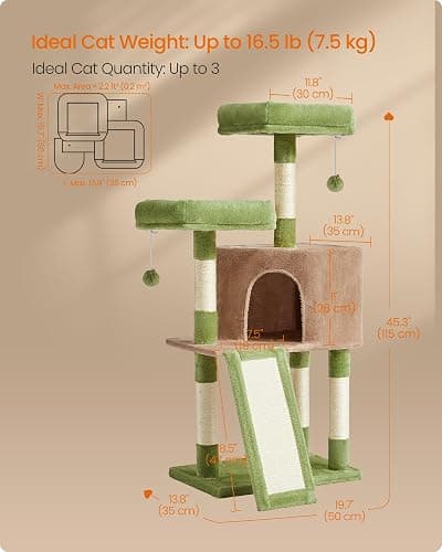 Feandrea Cat Tree, 45.3-Inch Cat Tower, Plush Condo with Scratching Post, Ramp, Perch, Spacious Cave, for Small Space, Grass Green and Camel Brown UPCT141CB03 thumbnail 5
