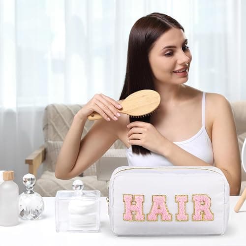 Remerry 4 Pcs Nylon Cosmetic Bag Travel Organizer Chenille Letter Makeup Pouch Zipper Preppy Waterproof Hair Bag Toiletry Pouch for Women Girls(Light Brown, Beige, Light Pink, White) - Light Brown, Beige, Light Pink, White thumbnail 5