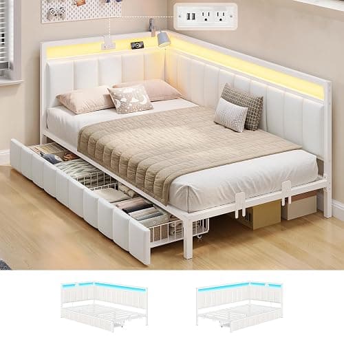 Hasuit Corner Bed Frame with Storage Drawers, Twin Daybed with Line Fabric Upholstered Fence, Kids Bed Unit with LED Light and Charging Station, Modern Bed Frame Twin Size, Beige - Image 1