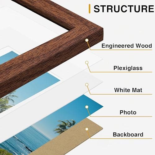 Vittanly 11x14 Picture Frames Set of 9 for Wall Mounting, Wood Grain Brown | Display Pictures 8x10 with Mat or 11x14 without Mat, Engineered Wood with Shatter Resistant Plexiglass, Gallery Photo Frames thumbnail 4