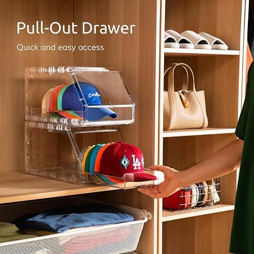 Ozueccr Hat Organizer Box – Stackable Clear Display Box with Sliding Drawer, Holds 15 Baseball Caps, Closet and Shelf Organizer for Hats, Transparent Display with Anti-Slip Feet thumbnail 3