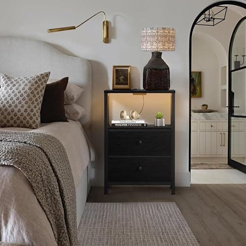 BOLUO Black Nightstand with Charging Station, LED Night Stand with 2 Fabric Drawers, Bedside Table with USB Ports and Outlets, Nightstand for Bedroom Modern thumbnail 2