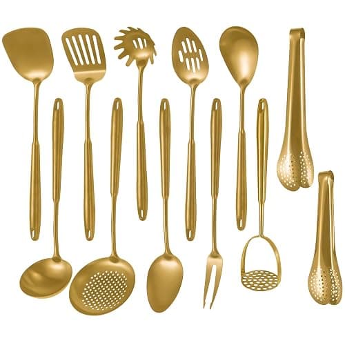304 Stainlss Steel Matte Kitchen Utensils Set, 12 Pcs Long Metal Cooking Utensil Gadgets Tools Set with Spatula, Ladle, Spoon, Ladle, Skimmer, Tunner, Pasta Server, Tongs(Gold, Dishwasher Safe) - Image 1