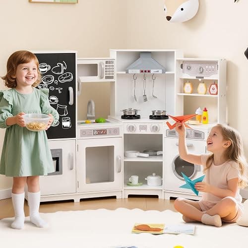 HONEY JOY Corner Play Kitchen, Large Wooden Pretend Toy Kitchen Set w/Lights, Ice & Coffee Maker, Range Hood, Chalkboard, Microwave, Cookware, Little Chef Kids Kitchen Playset for Toddlers (White) thumbnail 2