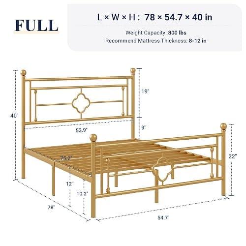 Allewie Full Size Metal Platform Bed Frame, Victorian Headboard, Gold | Heavy Duty Metal Slats Support, Mattress Foundation, Under Bed Storage, No Box Spring Needed, Noise-Free, Easy Assembly thumbnail 2