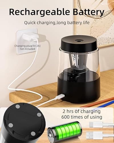ZMOL Electric Rechargeable Pencil Sharpener, Automatic Pencil Sharpeners Kids, Battery Powered Pencil Sharpeners for Colored Pencils, Auto Stop, Suitable for No.2(6-8mm), Classroom/Home Black thumbnail 4