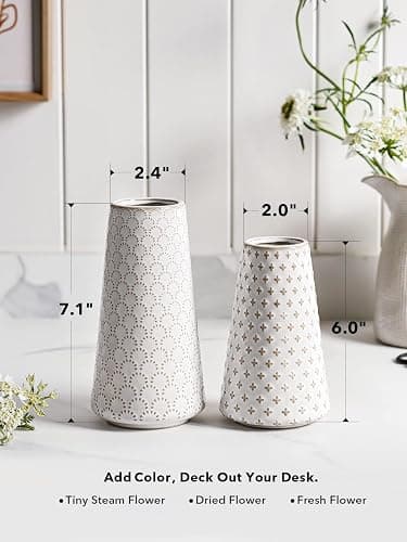 Ceramic Vase for Decor, 6 Inch+7.1 Inch White Flower Vase for Lego Flowers, Tulip and Pampas Grass, Embossed Farmhouse Vases for Centerpieces,Home Living Room Dining Table Office Decor, Arctic White thumbnail 3