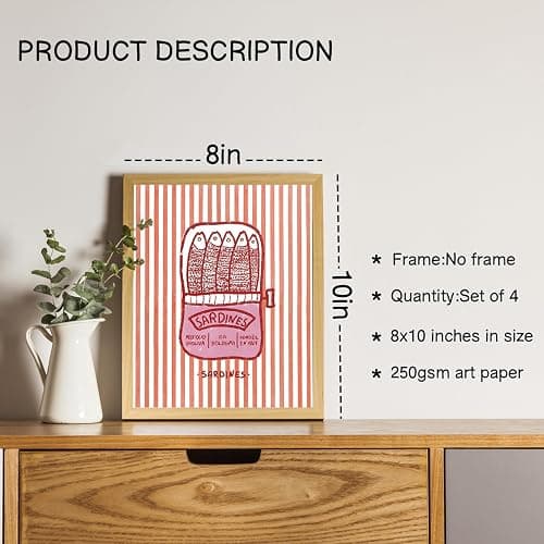 NaZaUK Kawaii Style Sardine Decor, Vintage Sardines Fish Wall Art Prints, Retro Ocean Fish Wall Art Posters for Home Kitchen Dining Room Beach House Decor, 8x10 Unframed Set of 4 thumbnail 2