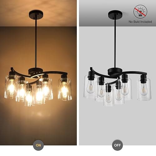 CNRATYE 6-Light Modern Farmhouse Black Chandelier, Contemporary Dining Room Light Fixture, Adjustable Height Hanging Industrial Pendant Lights Kitchen Island, Clear Glass Shade thumbnail 5
