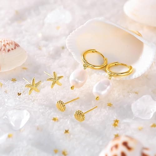 MBW Gold Starfish Earrings for Women, Small Dainty 14k Gold Plated Seashell Conch Pearl Hoop Dangle Earrings Stud Sets Beach Ocean Halloween Jewelry Gifts for Women Trendy thumbnail 7