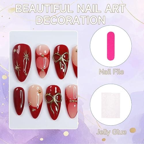 Auroriel 24 Stück Medium Almond Press on Nails Rot mit 3D Gold Schleife Herz Designs French Tip Wiederverwendbare Acrylic Fake Nails Full Cover Glitzersteine für Frauen Neujahr Party thumbnail 5