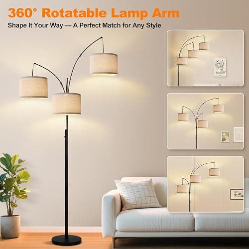 Dimmable Floor Lamp - 3 Lights Arc Floor Lamps for Living Room, 1000LM Modern Tall Standing Lamp With Beige Shades & Heavy Base, Mid Century Tree Floor Lamp for Bedroom Office, 3 LED Bulbs Included thumbnail 5