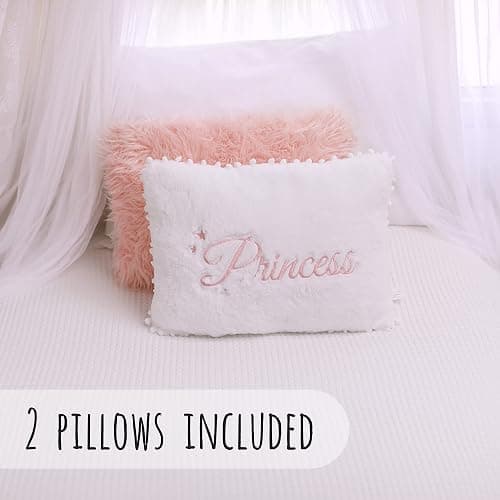 Perfectto Design Set of 2 Decorative Pillows for Toddler Kids Room. White Fluffy Princess Embroidered and Furry Pink Faux Fur Pillow. Soft and Plush Throw Pillows for Kid’s Bedroom Décor thumbnail 3