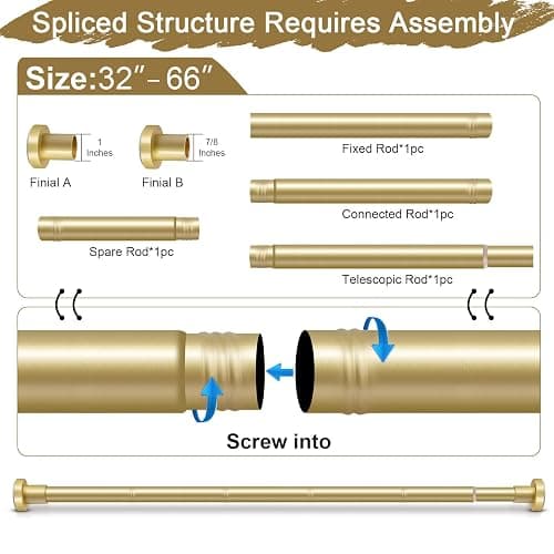 YNL Gold Shower Curtain Rod 32-64 Inch(2.7-5.33ft), Non-Slip, Never Rust, Stainless Steel No Drill Spring Tension Shower Rod, Adjustable Curtain Rod for Small Window Doorway Closet thumbnail 8