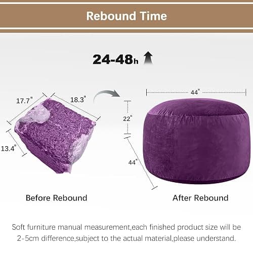 ILPEOD Bean Bag Chairs for Adults - Memory Foam Furniture BeanBag Chair - Kids/Teens Sofa with Soft Micro Fiber Cover - Round Fluffy Couch for Living Room Bedroom College Dorm - 4 ft, Purple thumbnail 7