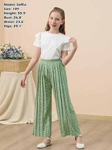 GORLYA Girls Clothing Sets Ruffle Trim Short Sleeve Tops Casual Printed Pleated Wide Leg Pants 2 PCS Outfit Suits 6-14Y thumbnail 4
