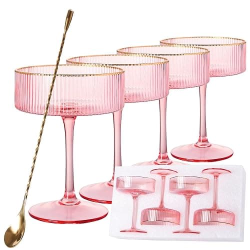 comfit Pink Martini Glasses Set of 4 with Golden Rim,10Oz Ribbed Colored Cocktail Glassware,Vintage Pink Couple Glasses, Elegant Bar Glassware for Martinis,Champagne,Wine（Gold Mixing Spoon Included） - Image 1